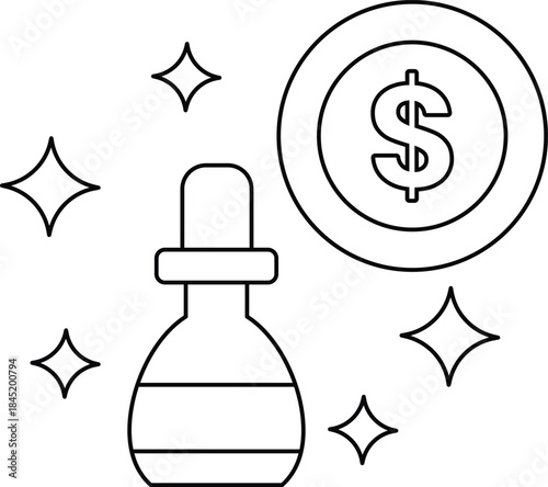 A bottle of medicine with a dollar sign next to it