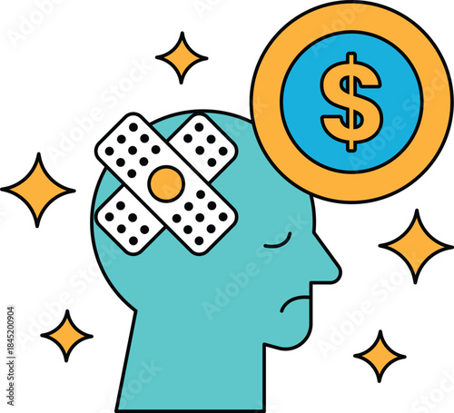 A man with a bandaged head and a dollar sign in the background