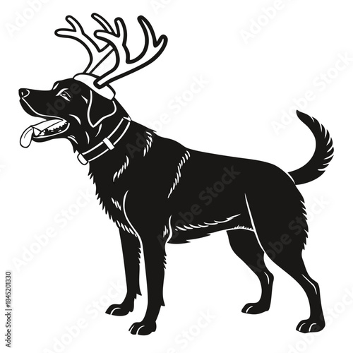 Christmas dog wearing antlers silhouette black