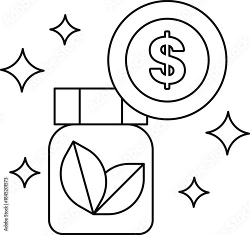 A dollar sign is drawn above a jar of medicine