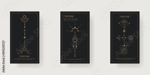 Mystical fortune. Mystical Fortune poster with celestial esoteric symbols flat design. Modern design template for poster, print, social media, web, ads, banner, cover and flyer decoration.