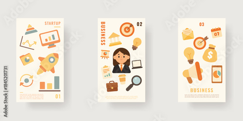 Business and startup. Collection of business and startup poster design templates in flat illustration style. Modern design template for poster, print, social media, web, ads, banner, cover and flyer 