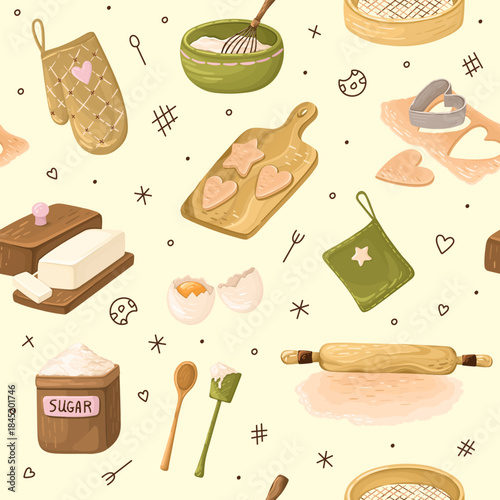 Pattern with Baking Tools. Cute Kitchen print with Pastry elements. Vector.