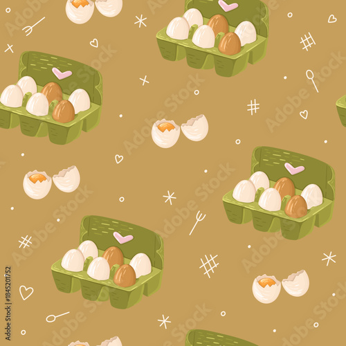 Cute Kitchen print with eggs for packaging. Vector.