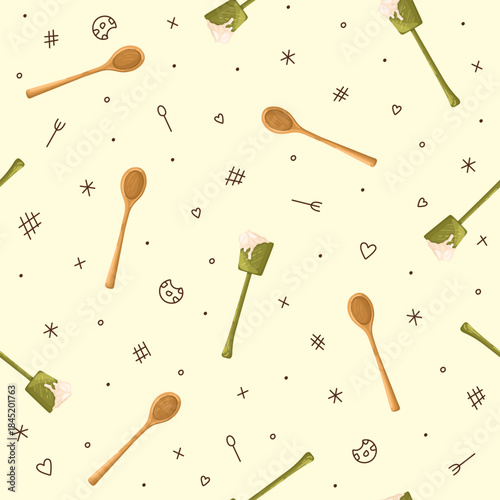 Cute Kitchen print with Baking Tools for packaging. Vector.