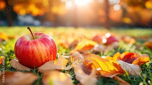 Red apple on autumn leaves