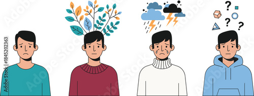 Emotional mental health concept with sad thoughtful confused man characters showing mood stress and wellbeing vector illustration