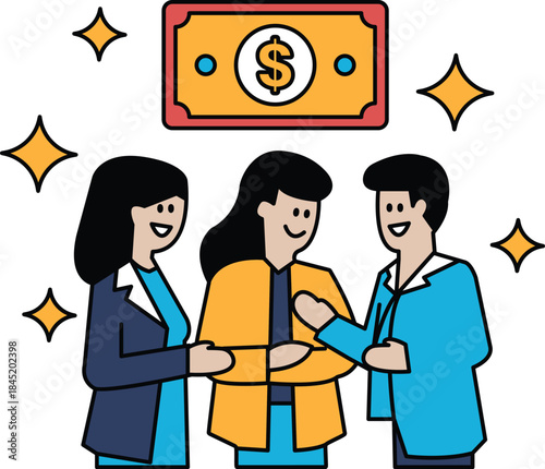 Three people are smiling and holding hands, with a dollar bill in the background