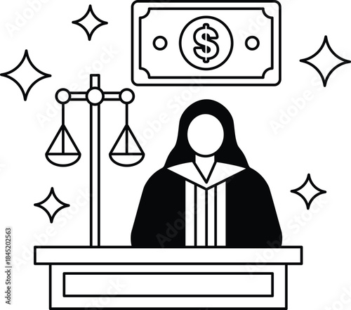 A woman in a black robe sits at a desk with a scale