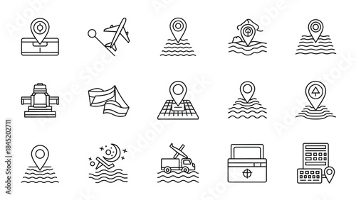 Collection of minimalist black line icons representing travel navigation logistics mapping and location services for digital design