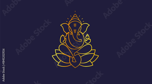 Golden Outline Lord Ganesha Sitting on Lotus Flower Spiritual Illustration