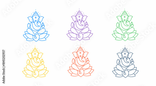 Minimalist Outline Colorful Lord Ganesha Sitting On Lotus Flower Illustration
