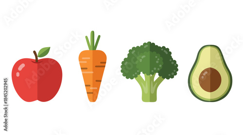 Flat Design Group of Apple Carrot Broccoli Avocado Healthy Food
