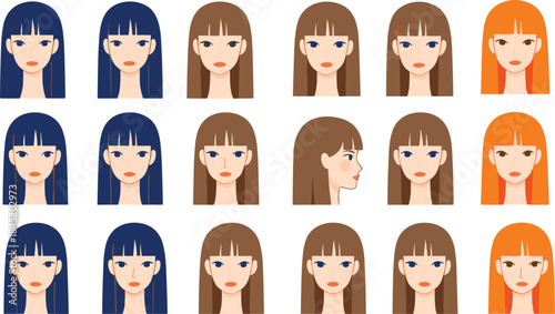 Female face avatar variations collection with different hairstyles colors front and side views isolated flat vector illustration