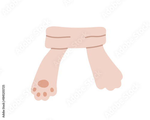Cute winter scarf with cat animal paw. Soft woolen neck wear, seasonal accessory wrapped around. Cozy wool clothing, playful kids design. Flat vector illustration isolated on white background