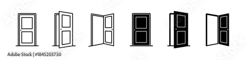 Doorway and entrance icon set. Open and closed door, exit, and home security symbol. Editable stroke. Vector illustration