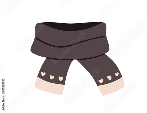 Woolen scarf. Cozy winter neck accessory wrapped around, thick knitted wear. Soft wool knitwear for cold weather. Warm seasonal clothing. Flat vector illustration isolated on white background