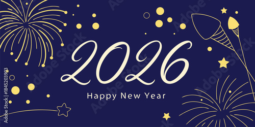 Festive 2026 New Year vector illustration with blue night fireworks, shimmering glitter effects, elegant celebratory atmosphere, modern holiday design.