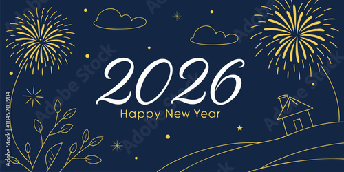 Blue New Year’s Eve night featuring 2026 text, glowing fireworks and glitter particles, festive celebration mood, clean professional vector design.