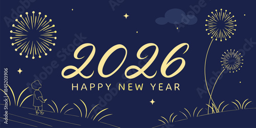 Blue New Year’s Eve night featuring 2026 celebration, sparkling fireworks and glitter effects, festive holiday mood, clean modern vector artwork.