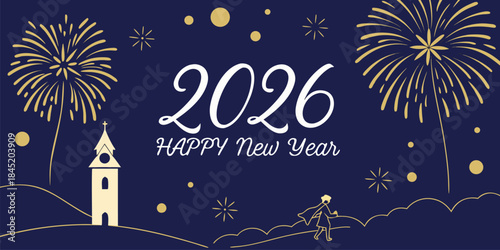 Happy New Year 2026 vector design with blue night sky, fireworks bursts and glitter sparkles, elegant festive celebration illustration.
