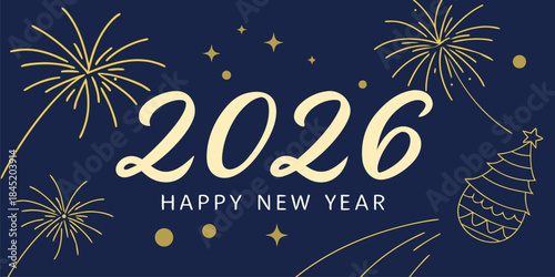 2026 Happy New Year celebration with blue night fireworks and glitter, festive evening atmosphere, elegant holiday vector illustration design.