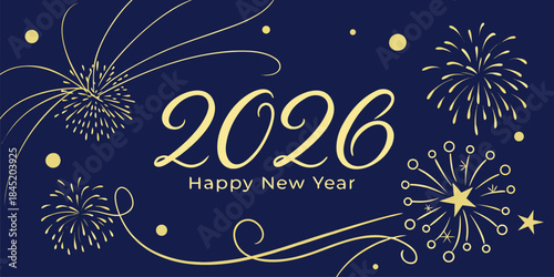 New Year 2026 celebration scene with blue fireworks and shimmering glitter, festive evening atmosphere, clean detailed vector illustration.