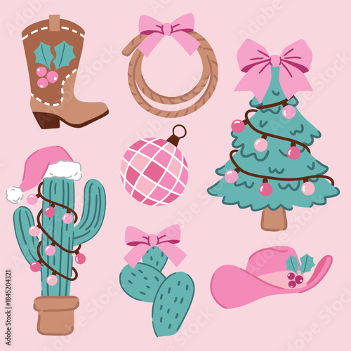 Set of vector western Christmas clipart on isolated background. Hand drawn cowboy hat, boots, rope, cactus and Christmas tree. Perfect for card, logo or nursery print design. 