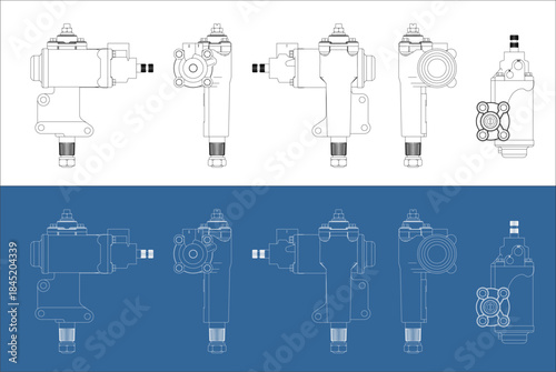 Multiview Orthographic Technical Drawing of Power Steering Gear Box Component on White and Blueprint Background