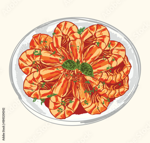 Drunken Shrimp Chinese Dish Illustration