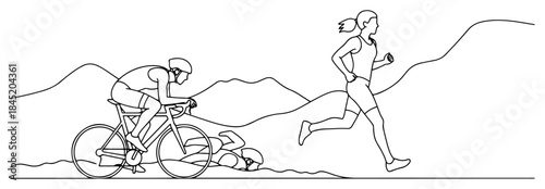 Triathlon athletes competing in swimming cycling and running in mountain landscape line art