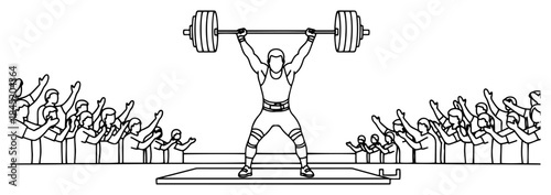 Strong weightlifter lifting heavy barbell overhead in front of cheering crowd vector illustration