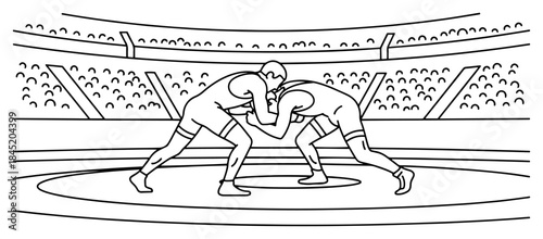 Two athletes wrestling in a stadium arena during a match in black and white line art