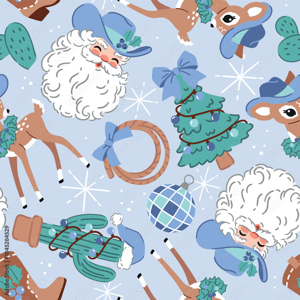 custom made wallpaper toronto digitalSeamless vector pattern with cowboy Santa Claus and vintage Christmas deer. Hand drawn western pattern with cactus and Christmas tree. 