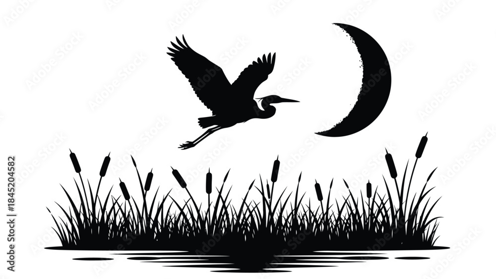 Obraz premium Black silhouette of a flying heron over cattails with a crescent moon on a white background.
