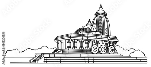 Traditional Hindu temple architecture with detailed structure in line art style