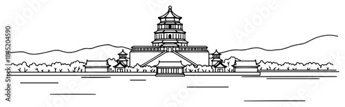 Iconic Temple of Heaven landmark in Beijing China overlooking water in line art style