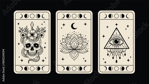 Three mystical tarot cards with skull, lotus flower, and eye designs on a black background with a lunar cycle pattern.