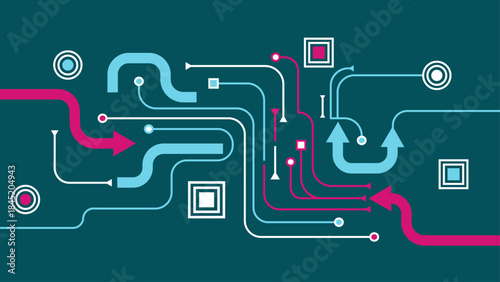 An abstract vector illustration representing data flow, circuit board connections, network routing, or business process mapping.