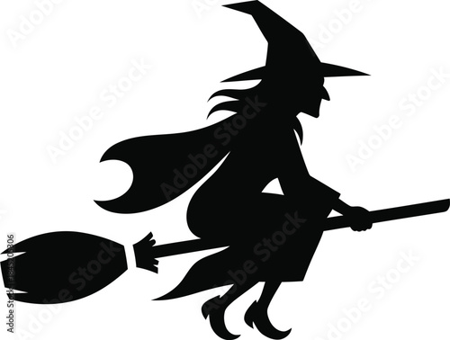 Black silhouette of a witch flying on a broomstick against a white background halloween