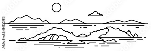 Minimalist seascape horizon with islands and sun in black and white outline