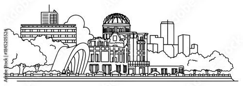 Hiroshima peace memorial atomic bomb dome and city skyline outline