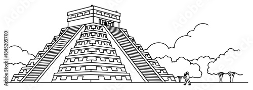 Ancient Mayan pyramid temple of Chichen Itza in Mexico in line art