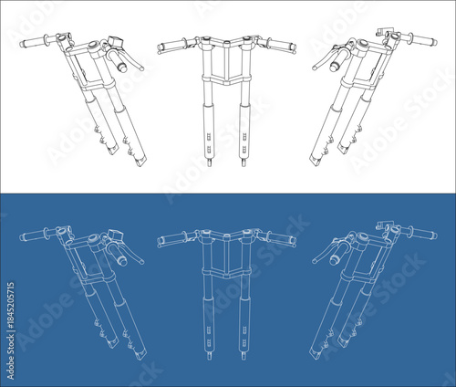 Isometric Wireframe Technical Drawing of Motorcycle Front Fork and Handlebar from Three Different Angles on White and Blueprint Background