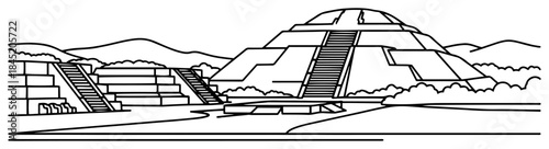 Teotihuacan pyramid complex with ancient ruins in Mexico in vector outline