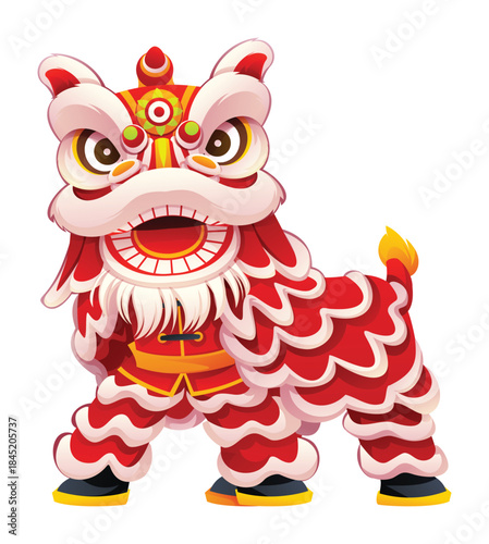 Traditional Chinese lion dance character looking forward in a red and white fluffy costume isolated by a white background. Vector cartoon illustration