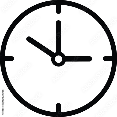 Black outline of a clock face with hands showing approximately 10:15 on a white background time watch