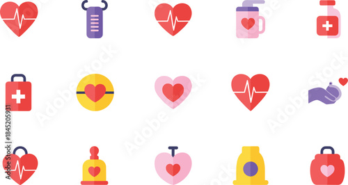 Healthcare and medical heart icons collection with wellness medicine first aid and love symbols isolated flat vector illustration