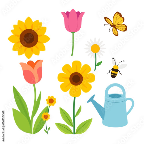 Colorful Garden Flowers and Insects Illustration