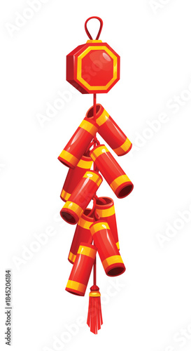 Hanging traditional Chinese firecrackers with red and yellow cylinders and tassel isolated by a white background. Vector cartoon illustration